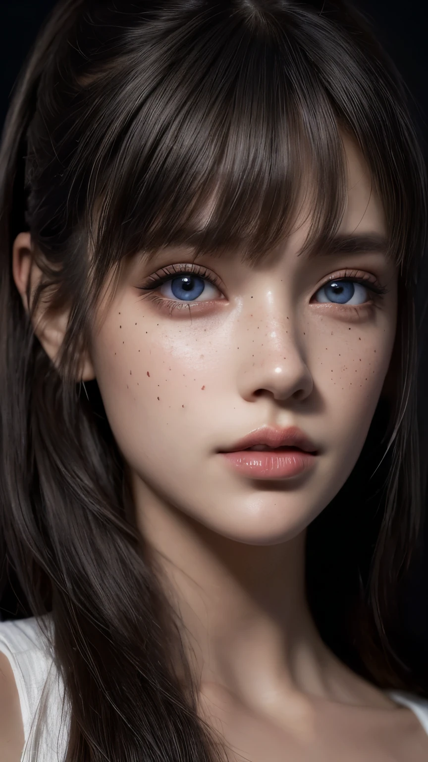 masterpiece, best quality, ultra-detailed, facing the camera head on, intricately detailed hyperdetailed, realistic, sharp features, highly detailed, sharp focus, perfect face, perfect face, perfect symmetrically perfect eyes, perfect full lips, flexible female form, cinematic, film light, hyper detailed, hyper realistic, masterpiece, atmospheric, high resolution, vibrant, dynamic studio lighting, nsfw, ((Dark background)), Sexy face, Facial expressions when receiving pleasure, straight Bangs, blue Eyes, black sweater, freckles,