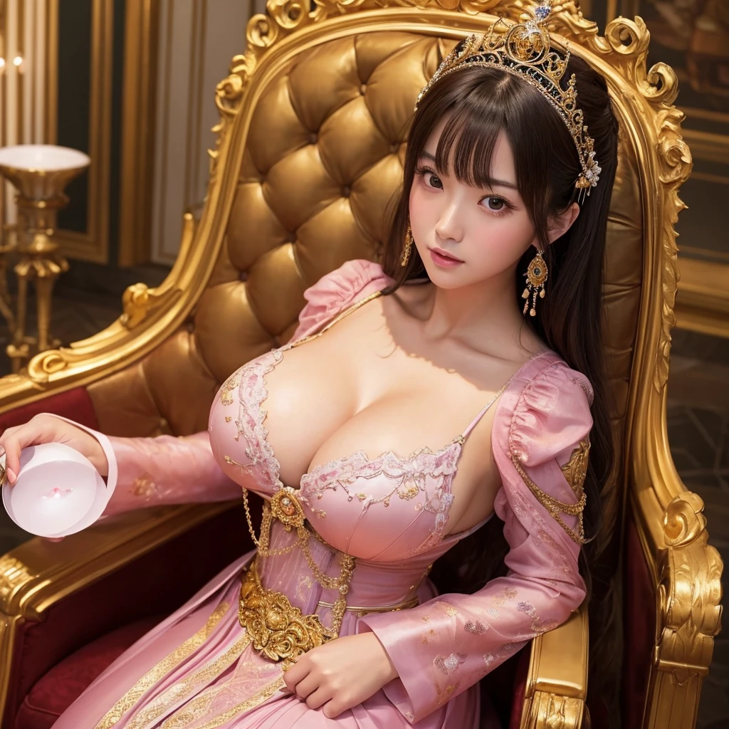 a confident japanese woman with exaggerated large breasts sitting on an ornate throne, Wearing a gorgeous shiny pink dress and a large crown, looking down at the viewer, detailed facial features,hyper-realistic,8K,ultra-detailed,photorealistic,masterpiece,dramatic lighting,cinematic,oil painting,protected by knights,holding an ornate fan in her hands,golden room、Her breasts are so big they seem to burst out of her clothes.Her breasts are exposed、She is sitting on a very large throne looking down on us.Her breasts are about to burst out of her clothes