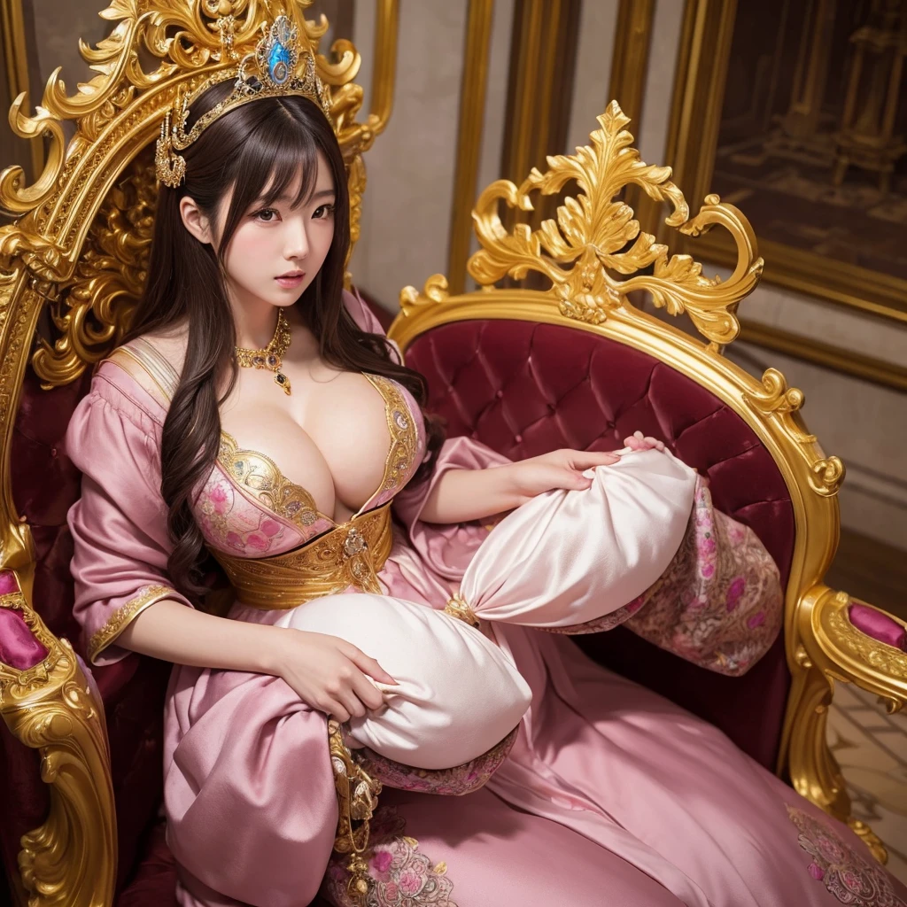 a confident japanese woman with exaggerated large breasts sitting on an ornate throne, Wearing a gorgeous shiny pink dress and a large crown, looking down at the viewer, detailed facial features,hyper-realistic,8K,ultra-detailed,photorealistic,masterpiece,dramatic lighting,cinematic,oil painting,protected by knights,holding an ornate fan in her hands,golden room、Her breasts are so big they seem to burst out of her clothes.Her breasts are exposed、She is sitting on a very large throne looking down on us.Her breasts are about to burst out of her clothes