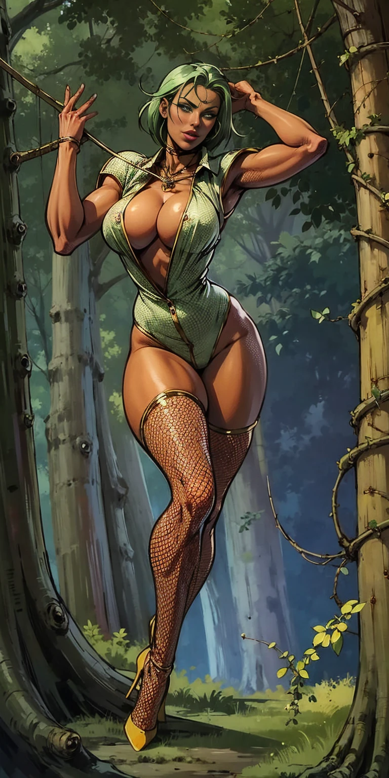 NSTreantWoW, brown skin, green eyes, glowing eyes, green hair, short hair, moss-covered wooden skin, rugged cyborg, wooden gears and joints, natural appearance, vines and leaves entwined around its body. blend technology and nature, background forest, solo, thick thighs, big ass, bouncy bubble booty, bubble ass, full body, fishnets, thick thighs, smug, huge breasts, cum on breasts, Bestface1, Bestbody1, cleavage, sagging breasts, exposed breasts, artgerm, realistic digital painting, Disney artstyle