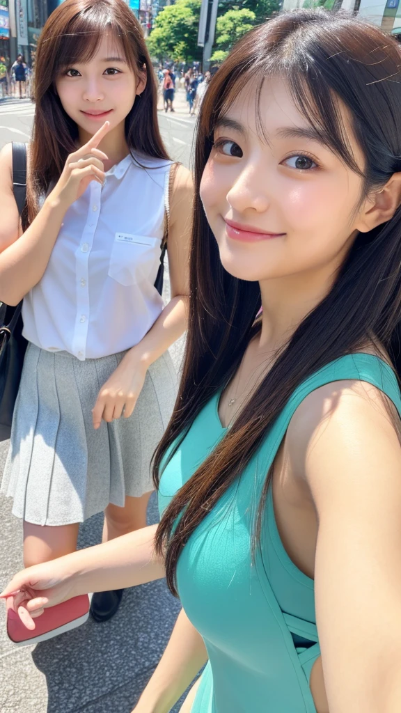 Highest quality、high resolution、(Selfie)、cheek-to-cheek、Two Girls、Japanese、20-year-old、Beauty、Beautiful face、Cute face、Well-formed face、Summer clothes、Tokyo cityscape