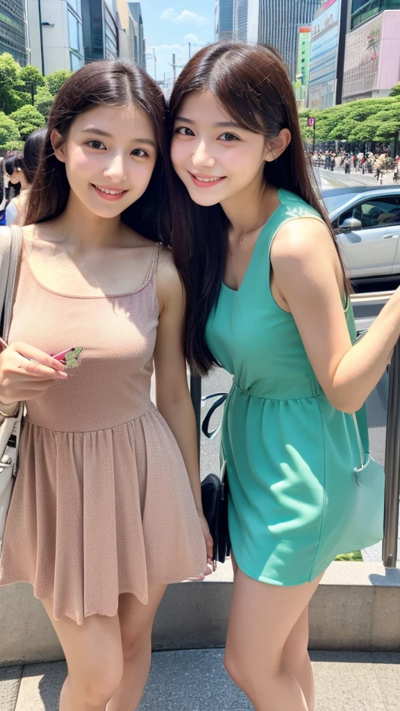(in 8K, Raw photo, 超A high resolution, Best Quality, masutepiece:1.2), (realistic illustration), (the Extremely Detailed CG Unity 8K Wallpapers), absurderes, 2 girls in, 18 yo, Beautiful face, Large breasts, Black medium hair, Smile, Tilting head, grin, Upper body, Deep V-neck tight fit tube top, skirt by the, Outdoor Tokyo Ginza, Upper body, AKB48 Idol, modeled