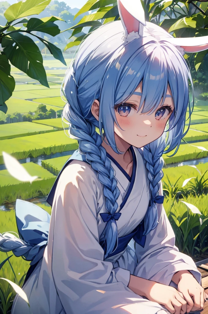 A peaceful rice field road、Walk slowly、Happy expression、Braids on both sides、Bunny ears、Shot from above、Close-up、Leaves flutter、Bright screen、Bad smile