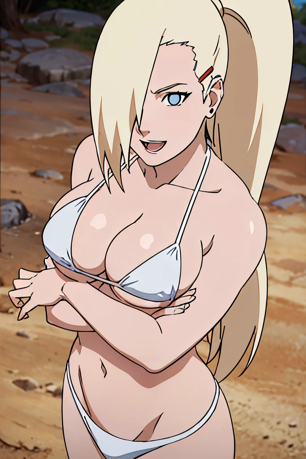 (White bikini:1.5), Ino yamanaka, looking at the viewer, gorgeous, attractive, groin, cowboy shot, ultra detailed face, sunny day, day time, upper body view, anime style, solo, detailed flower field, blonde, (focus on breasts), ((one eye covered with hair, hair over eye, ponytail)), medium breasts, belly button, looking at the viewer, thick arms, (off-shoulders, wide shoulders, curving body), hidden eye, smile, open mouth, very happy, tall, hair clip, sharp look, sharp face, sharp eye, cold colors,
