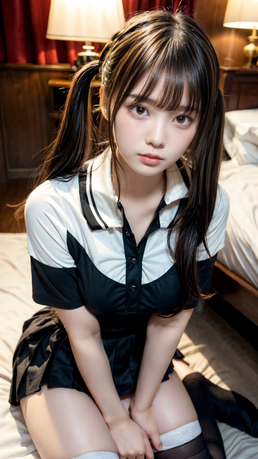 masterpiece, best quality, illustration, Super detailed, fine details, High resolution, 8K,wall paper, perfect dynamic composition,(Details High quality, realistic depiction of eyes:1.3), (Polo shirt with collar), pleated skirt, knee high socks, twintails, Lying down, black hair color, Big Natural Color Lip, bold sexy pose, (perfect body shape), crying a little、cold gaze, Harajuku style、20 year old girl、cute type、ta、beautiful legs, hotel room, hposing Gravure Idol, Voluptuous thighs