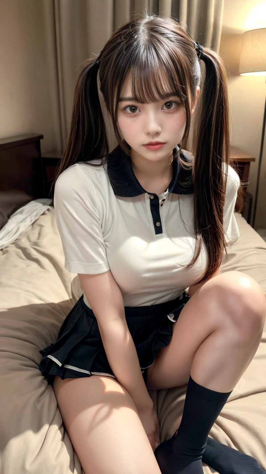 masterpiece, best quality, illustration, Super detailed, fine details, High resolution, 8K,wall paper, perfect dynamic composition,(Details High quality, realistic depiction of eyes:1.3),  (Polo shirt with collar), pleated skirt, knee high socks, twintails, Lying down, black hair color, Big Natural Color Lip, bold sexy pose, (perfect body shape), crying a little、cold gaze, Harajuku style、20 year old girl、cute type、ta、beautiful legs, hotel room, hposing Gravure Idol, Voluptuous thighs