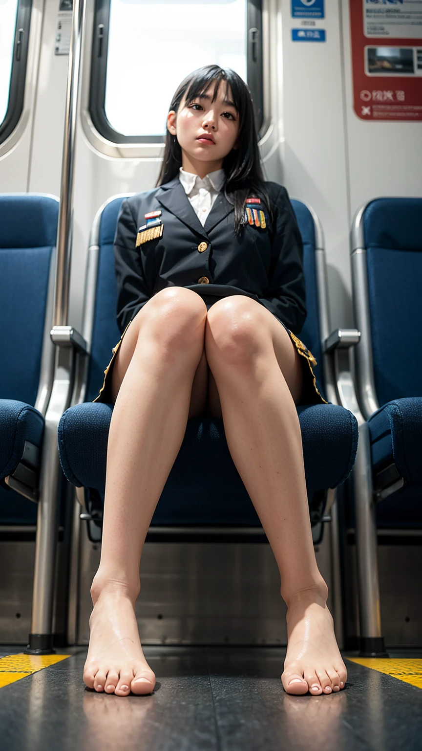 "(Masterpiece, High Definition, Ultra High Definition, 4K) Black hair,  Japan girl, uniform skirt, emphasizing thighs, white thighs, soft thighs, glossy thighs, sitting on the train, face-to-face angle, (angle from below),sitting in the train seat,Sitting in front,Zoom camera in the crotch,Feet on the train floor,Full body,Looking down and sleepy,Looking at the viewer only", best quality, ultra high definition, (photorealistic:1.4),, high resolution, detail, raw photo, sharp re, Nikon D850 film stock photo by Lee Jefferies 4 kodak portra 400 camera f1.6 lens rich colors hyper realistic lively textures dramatic lighting unreal engine artstation trends cinestir 800,