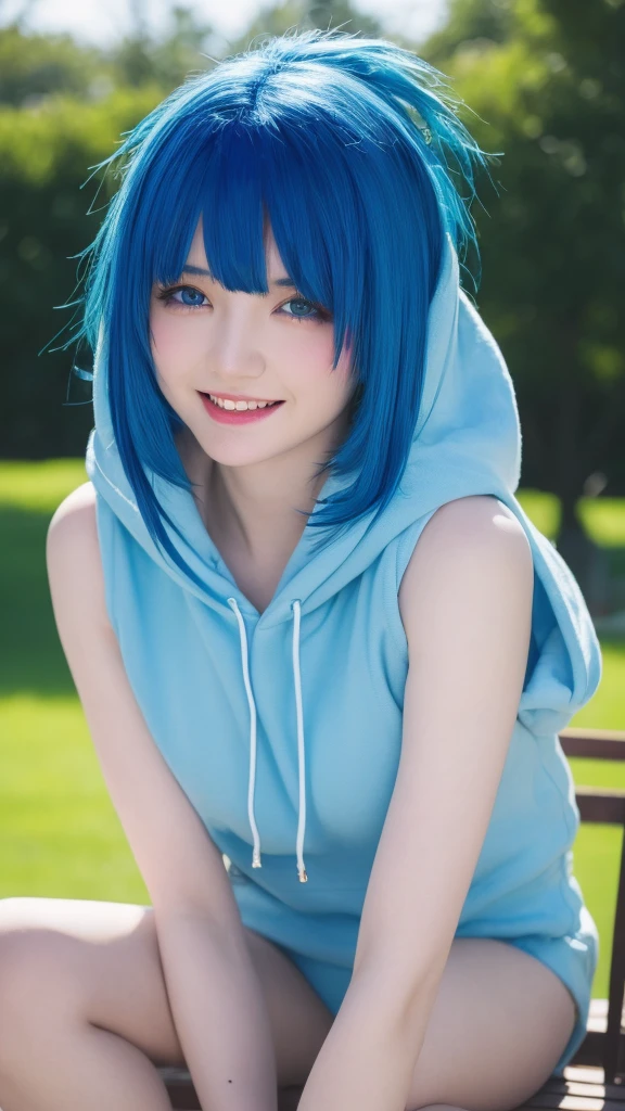 smile, ((Highest quality, Best image quality, Ultra-high resolution)), (Photorealistic), (Realistic), (Ultra-high resolution), Tabletop, Highest quality, Raw photo, Beautiful and fair、Glowing Skin,  nice, bright, Refreshing and gentle look, ((blue hair:1.4)), short hair, blue eyes, sitting on the park bench, sheer hoody, Perfect beautiful face、Beautiful shiny bangs, A very beautiful 25 year old woman, eyeliner, Very perfect eyes