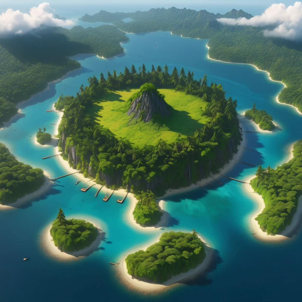 a very large island with trees, but in the center of the island there is a tree, thick and the island has many mountains, and in one part of the island I want there to be a very large lake and around the island there is only the sea