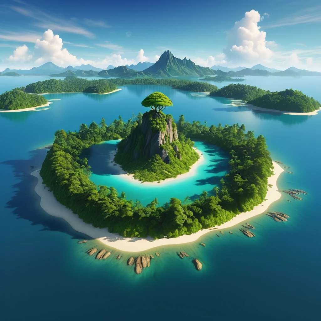 a very large island with trees, but in the center of the island there is a tree, thick and the island has many mountains, and in one part of the island I want there to be a very large lake and around the island there is only the sea