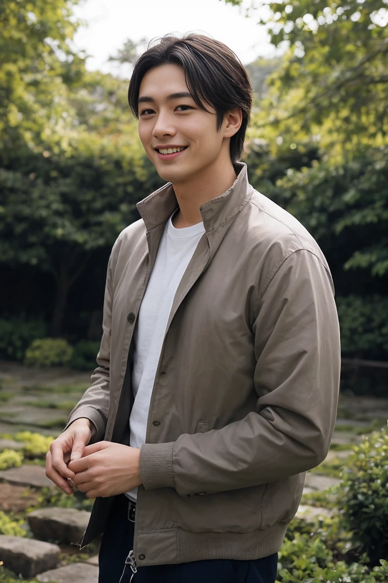 8K, Realistic photos of Japanese men ,40 years old、5cm、Setup Fashion、Brown Hair、Sunny、Natural light、Long sleeve、Refreshing、smile、Navy jacket、White Shirt、Slender、garden、Blue sky、Background Portrait、gardenのベンチ座ってる
