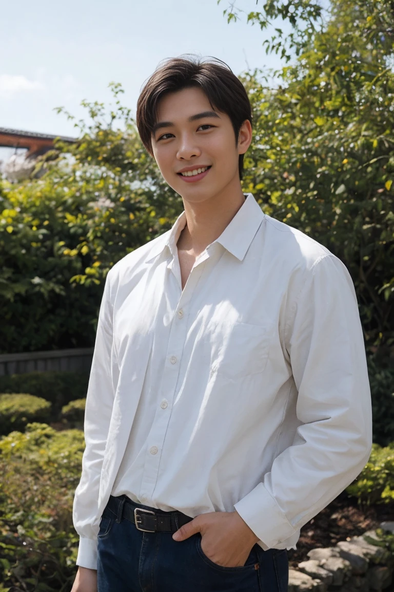 8K, Realistic photos of Japanese men ,40 years old、5cm、Setup Fashion、Brown Hair、Sunny、Natural light、Long sleeve、Refreshing、smile、Navy jacket、White Shirt、Slender、garden、Blue sky、Background Portrait、gardenのベンチ座ってる