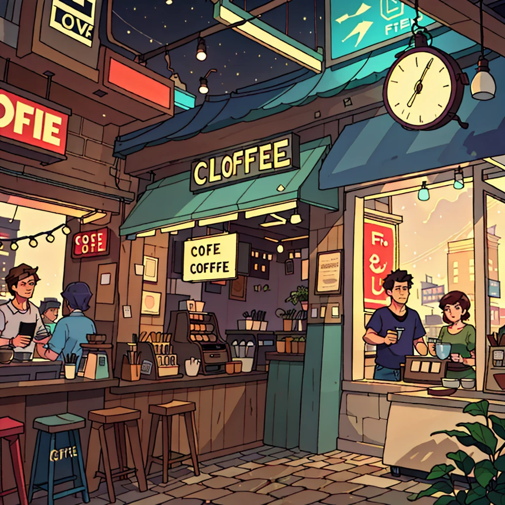 lofi aesthetic coffee shop, highlighting the illuminated sign and the lamp posts in the background.