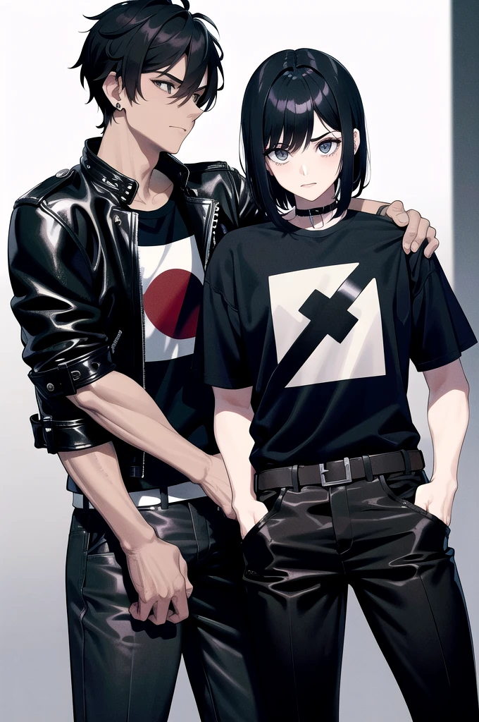 1 men, with scars on arms, alternative style, leather jacket, a rock band t-shirt, waist belt, black pants, piercings, all star, red guitar and shoulder-length black hair.