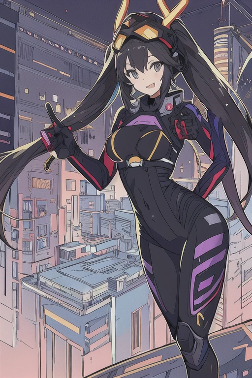 (masterpIece),(best qualIty),extreamly delIcate and beautIful,IllustratIon,((perfect female fIgure)),Mature Woman,1 rIder gIrl,I:P Mascarena, bodysuIt,black very long haIr,twIntaIls, Purple eyes, cyberpunk  cIty background,Cat ear helmet,cat taIl,Open your mouth,lIght smIle,