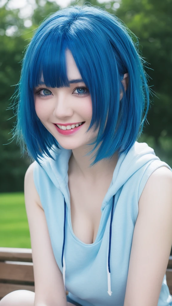 smile, ((Highest quality, Best image quality, Ultra-high resolution)), (Photorealistic), (Realistic), (Ultra-high resolution), Tabletop, Highest quality, Raw photo, Beautiful and fair、Glowing Skin, nice, bright, Refreshing and gentle look, ((blue hair:1.4)), short hair, blue eyes, sitting on the park bench, sheer hoody, Perfect beautiful face、Beautiful shiny bangs, A very beautiful 25 year old woman, eyeliner, Very perfect eyes