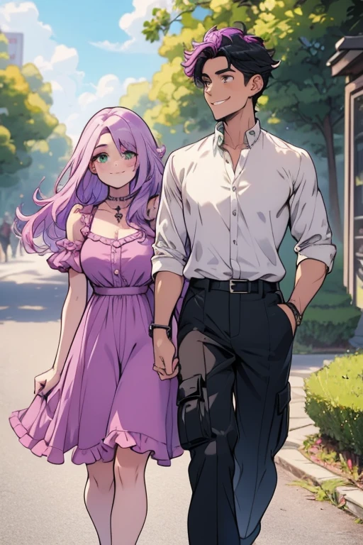 One man. One woman. Perfect face. Perfect hands. A light purple haired woman with green eyes with an hourglass figure and long hair in a frilly summer dress is walking with a black haired man with green eyes in a rolled up shirt and cargo pants with big smiles in the park.