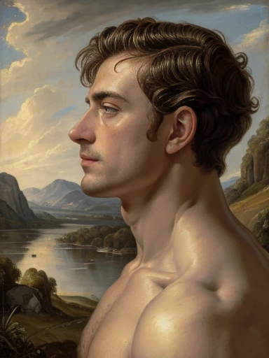 Side view, oil painting, style of Peter Paul Rubens, a humanoid male robot, mechanical parts, head, chest, abs, shirtless, flaccid , ((landscape background)), classic art, neoclassic, regency era, perfect composition, canvas texture