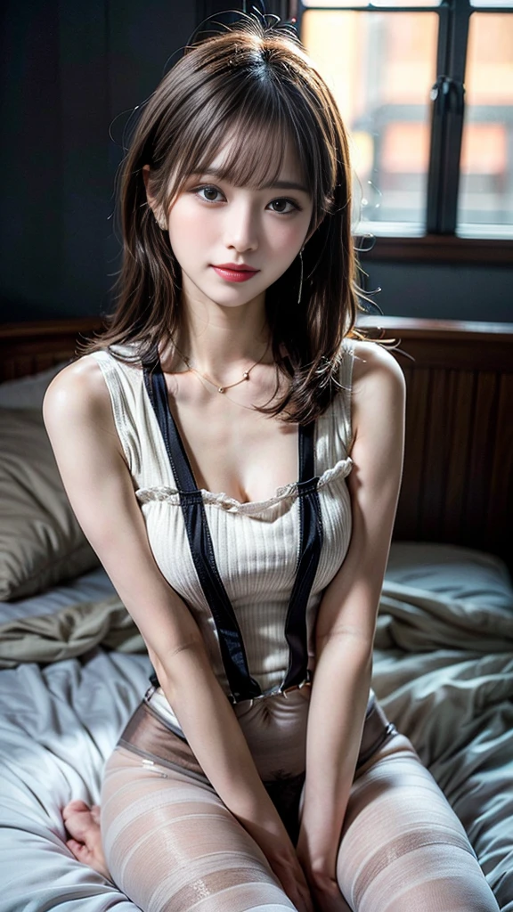 1 girl，21 years old, sitting on bed，Bright backlight, alone, {Beautiful eyes details 1.3） , Highly detailed facial and skin textures, Natural and soft light, dark brown hair，natural drape, Exquisite facial features, blunt bangs, beautiful korean girl, eyes full of love, (She wears exquisite suspender pajamas，pantyhose:1.3), E杯， necklace，film grain，a sexy pose，masterpiece, best quality, light, Super detailed,, ultra high resolution, 8k wallpaper, Perfect dynamic composition, Exquisite facial features，It's a perfect face,Facing the peak of sexual arousal, looking at the audience, with smile，hair natural，Fragrant shoulders，clavicle，Ultimate light and shadow，Wear delicate earrings，have，(Skin texture is extremely delicate1.1), (Perfect details: 1.1),Looks a lot like actress Song Hye Kyo