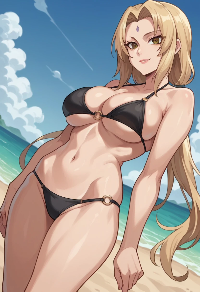 score_9 score_8_up, score_7_up, source_anime, anime screencap, clear face, Tsunade, blonde hair, low ponytail, long hair, large breasts, cleavage, black bikini, standing, looking at viewer, beach, smile, various angle