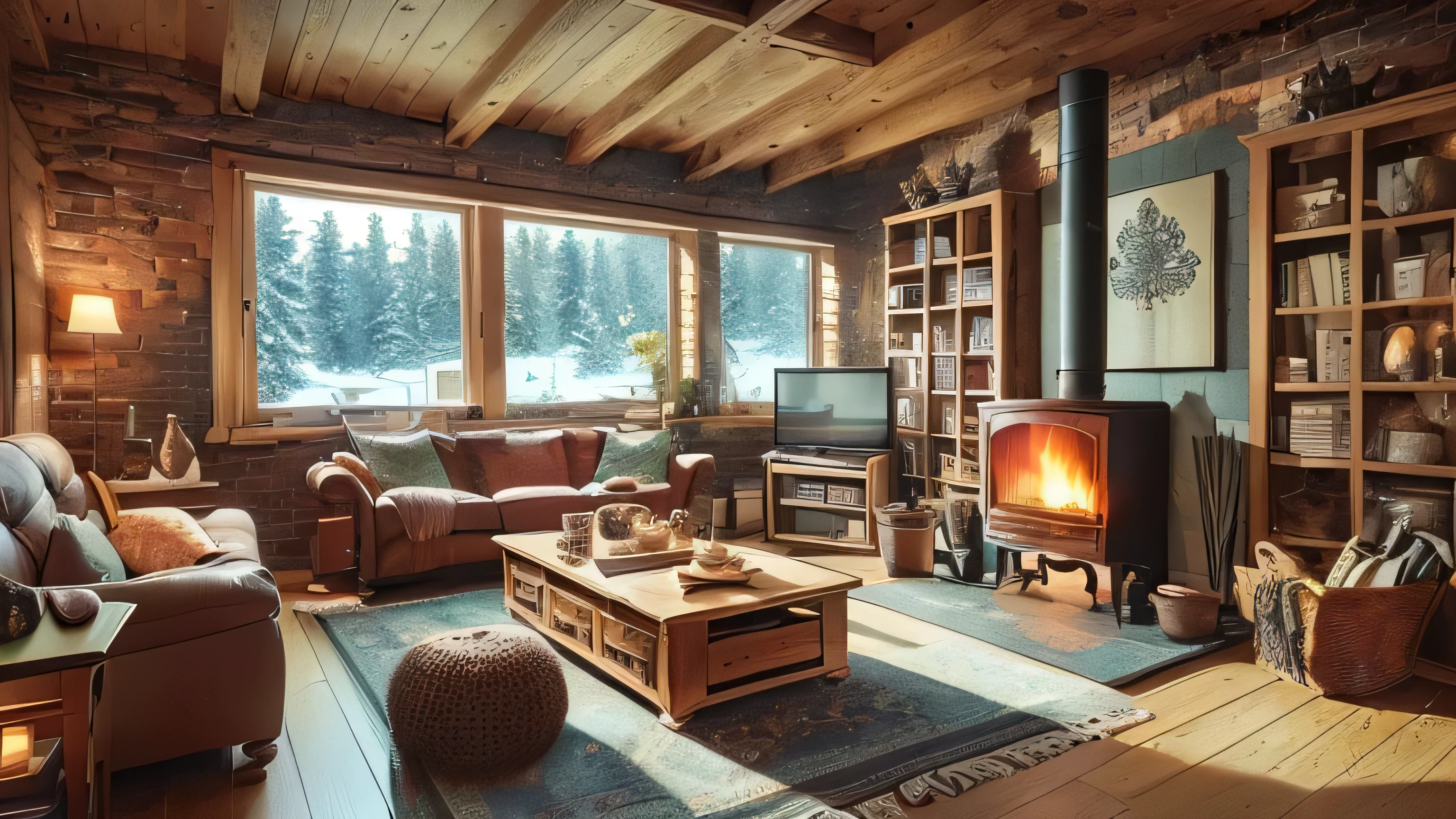 A spacious room with a brick fireplace and sofa々and living room, Warm living room, Warm interior, Cozy living room interior, Warm interiors, Cozy living room, Cozy place, Cozy environment, Cozy atmosphere, Cozy living room background, Cozy contemporary living room, Cozy and serene atmosphere, Cozy home background, cozy wallpaper, Cozy and calm, Cozy atmosphere