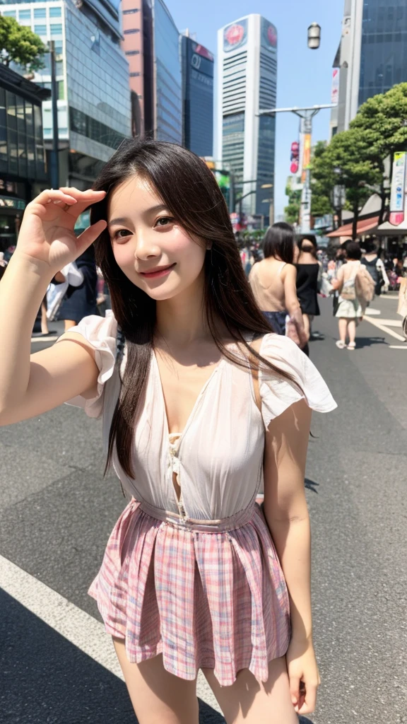 Highest quality、high resolution、(Selfie)、cheek-to-cheek、Two Girls、Japanese、20-year-old、Beauty、Beautiful face、Cute face、Well-formed face、Summer clothes、Tokyo cityscape