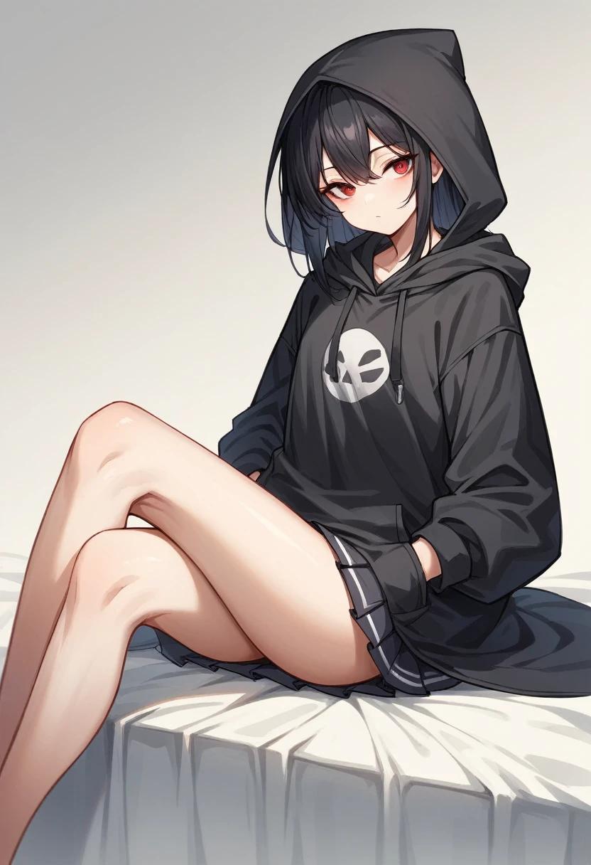 A girl with long black hair is sitting on the bed He is wearing a long coat over a plain black hoodie with a hood Red eyes She is wearing a black pleated skirt tall With bangs Beautiful face Thin legs Smooth, long, straight hair Long and narrow face With waistline Keeping your left hand in your pocket Anime Style hair longer than shoulders Crossing your legs
