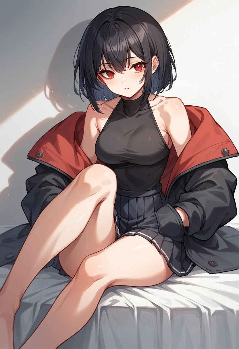 A girl with long black hair is sitting on the bed He is wearing a long coat over a plain black hoodie with a hood Red eyes She is wearing a black pleated skirt tall With bangs Beautiful face Thin legs Smooth, long, straight hair Long and narrow face With waistline Keeping your left hand in your pocket Anime Style hair longer than shoulders Crossing your legs