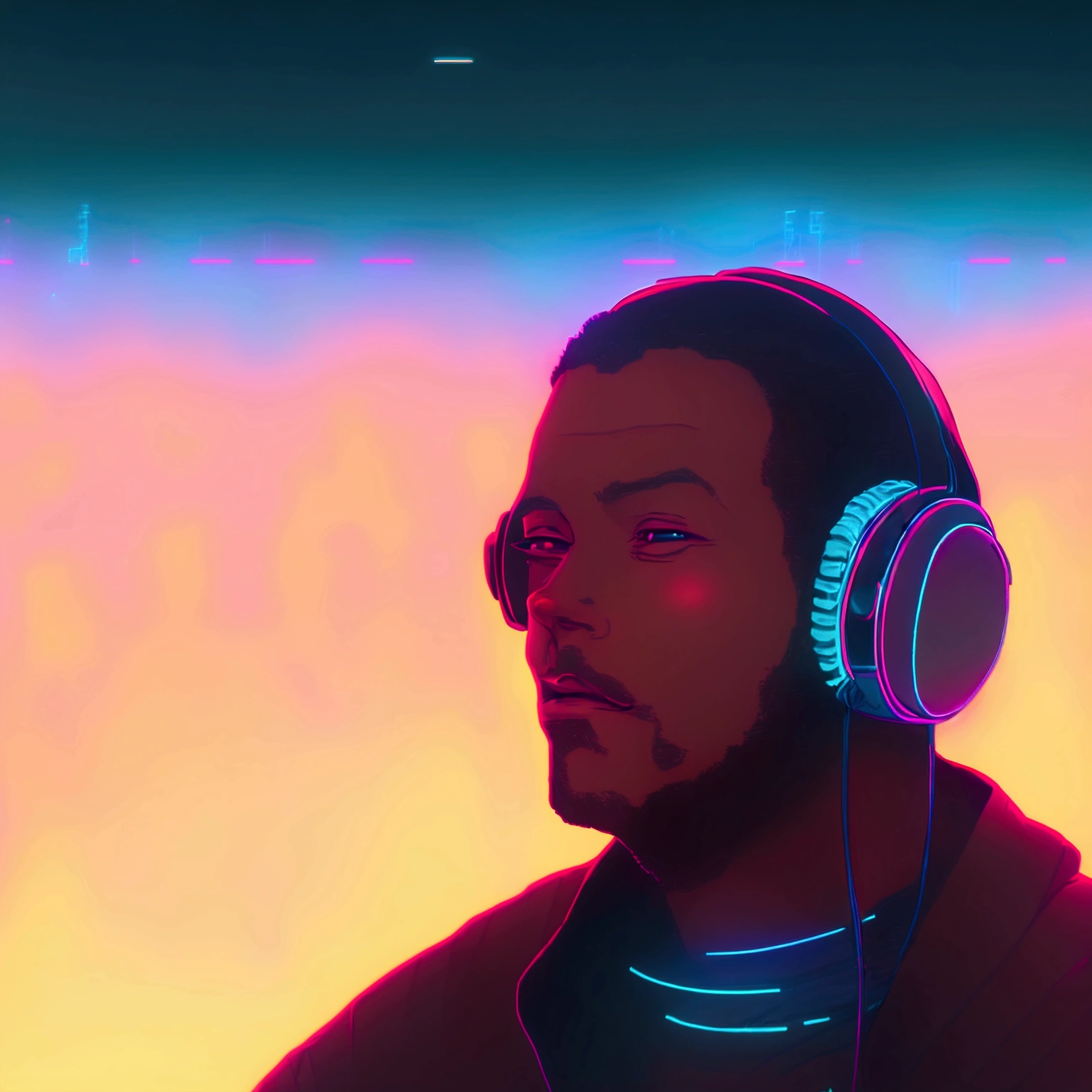 a close up of a person wearing headphones in front of a city, lofi portrait, lofi artstyle, ( ( ( synthwave ) ) ), procreate illustration, synthwave art style ]!!, [ synthwave art style ]!!, synthwave inspired, [ synthwave art style ]!! ]!!, synthwave art style, (synthwave)