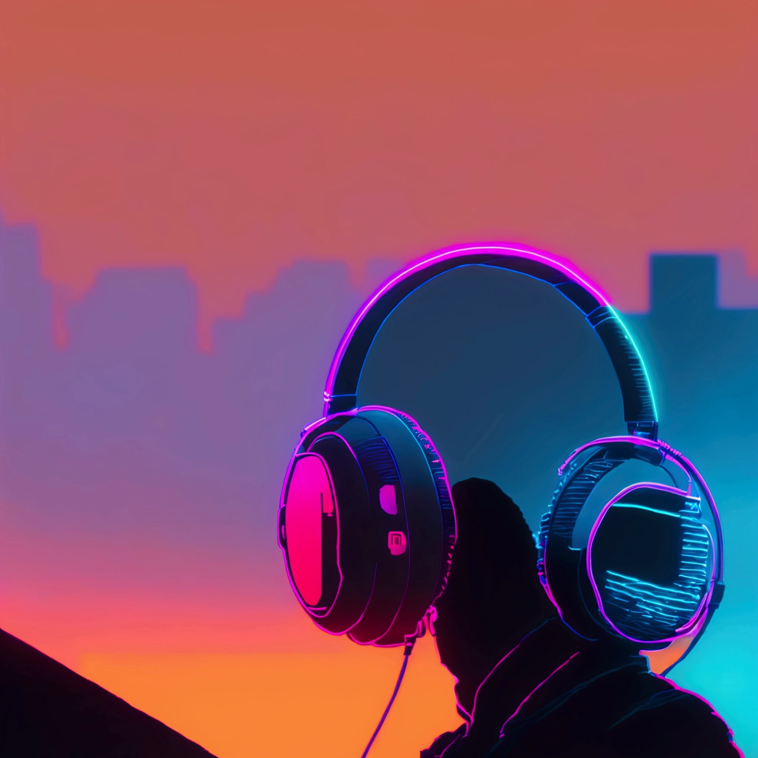 a close up of a person wearing headphones in front of a city, lofi portrait, lofi artstyle, ( ( ( synthwave ) ) ), procreate illustration, synthwave art style ]!!, [ synthwave art style ]!!, synthwave inspired, [ synthwave art style ]!! ]!!, synthwave art style, (synthwave)