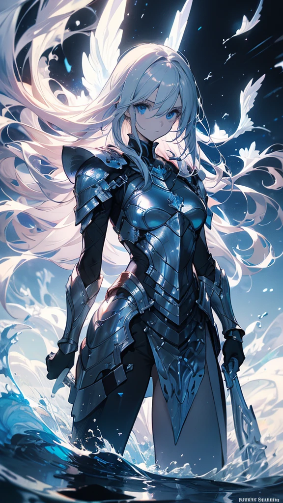 ((masterpiece, best quality)), Epic battlefield atmosphere，Water Ripples，Delicate face，Depicts a beautiful knight with long hair, Flowing white hair，whole body，Standing picture，Shining blue eyes，She was wearing white armor，Perfect body proportions