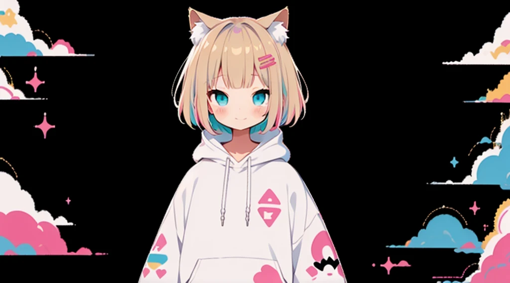 An unprecedented number of draws、Fancy Background、Cat ear、Blonde、Pink hoodie、high quality、Colorful color palette、high resolution、pretty girl、 Pink hoodie、An unprecedented number of draws、Anime Style、Geometric background、Sticker Style、short hair、Blonde、Turquoise Eyes, Messy Hair, Pink hoodie、髪と同じ色のCat ear、front, Hands posing, Until death, Bondage, Baggy clothes
