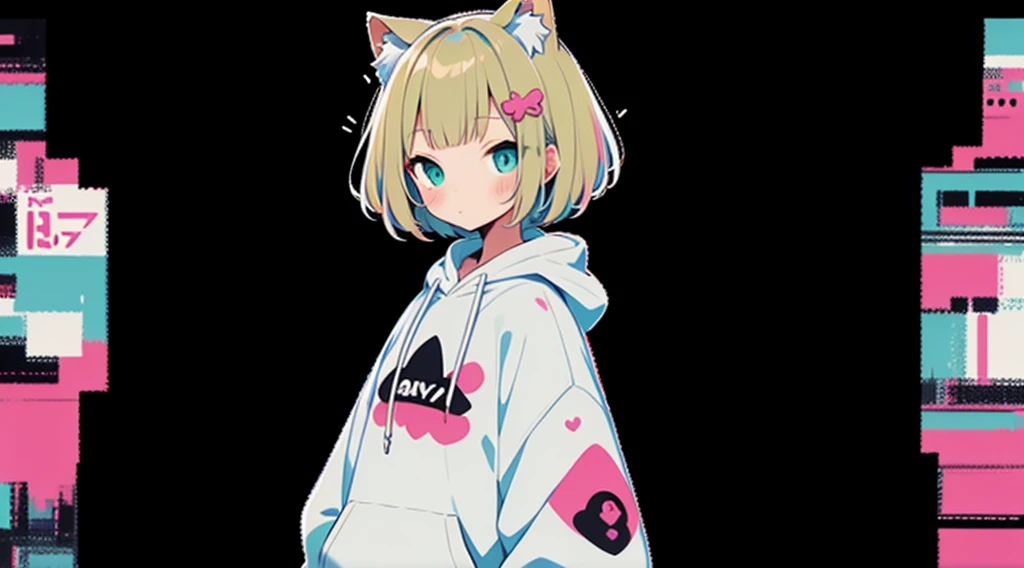 An unprecedented number of draws、Fancy Background、Cat ear、Blonde、Pink hoodie、high quality、Colorful color palette、high resolution、pretty girl、 Pink hoodie、An unprecedented number of draws、Anime Style、Geometric background、Sticker Style、short hair、Blonde、Turquoise Eyes, Messy Hair, Pink hoodie、髪と同じ色のCat ear、front, Hands posing, Until death, Bondage, Baggy clothes