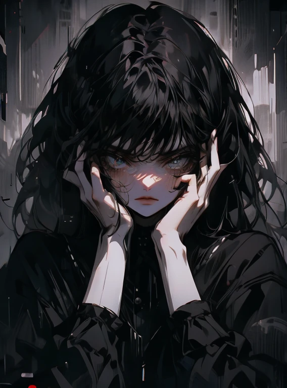Girl, fear, dark, gloomy, masterpiece 1.4 Accuracy 1.2, two hands on a face, looks of sadness and horror, highly detailed, black and white gradient