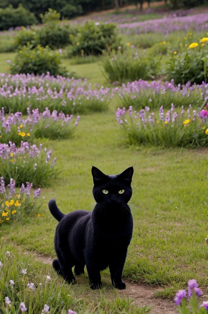 One black cat in fantasy flower field