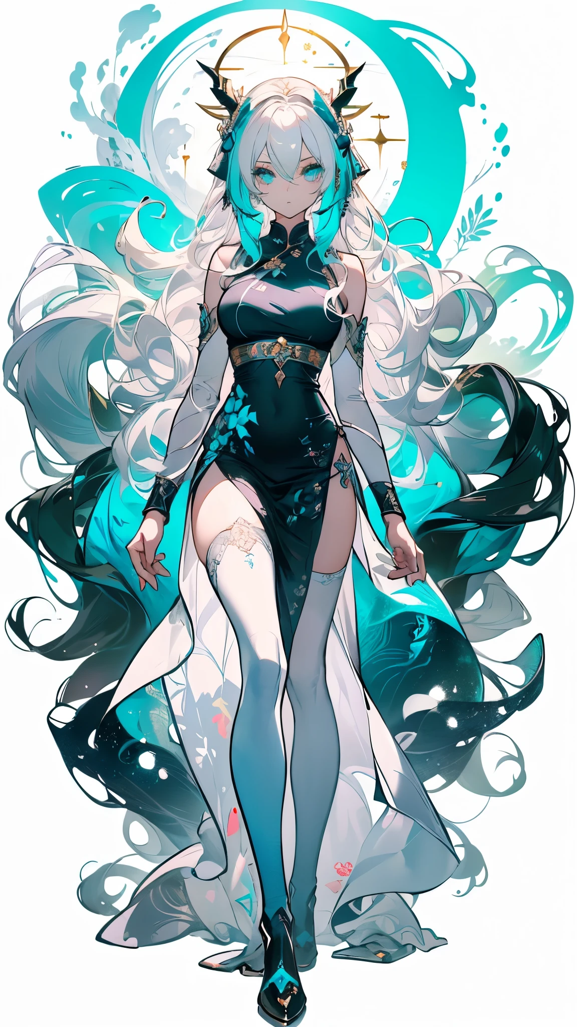 ((masterpiece, best quality)), Delicate face,Snake Woman,Full body painting,Perfect body proportions,Long legs,((Long wavy hair)), ((Half of her hair is white,The other half is cyan,Available in two colors)),beautiful eyes,Fantasy style,White background,transparent,cheongsam,Lace,Garter