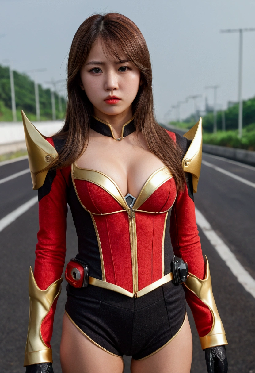 (Kamen rider Ark) Very cute and baby-like face, Power puff girl, Naked, Angry pose, Angry face, (((BROWN HAIR KOREAN GIRL))), (((LONG HAIR))), masutepiece, High quality, UHD 45K, Realistic face, Realistic skin feeling , A Japanese Lady, 8 years old, , Very cute and baby-like face, (((FLAT CHEST))), (MATRIX WORLD), ((look In front at the camera and SADNESS)), (((SMALL BREAST))), (((CUTE GIRL))), ((RED LIPS)), ((RED, BLACK, GOLD, KAMEN RIDER SUIT)), ((CHUBBY)), ((VISIBLE CLEAVAGE)), ((RED NAIL)). Standing at the toll road