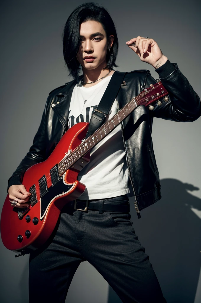 1 men, with scars on arms, alternative style, leather jacket, a rock band t-shirt, waist belt, black pants, piercings, all star, red guitar and shoulder-length black hair.