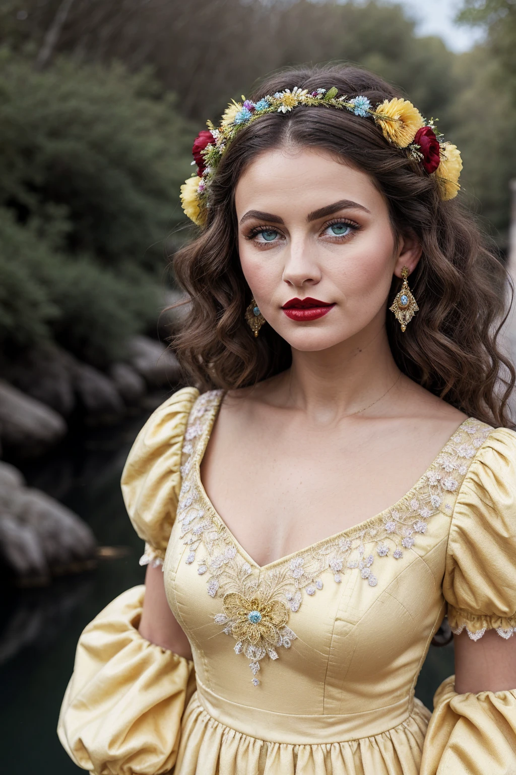 (yellow dress with puff sleeves square neckline with lace details) (small flower tiara for voluminous curly light brown hair) (big lips red lipstick blue eyes) (basket of colorful flowers) (in the background sun appearing) (gypsy camp) (She is wearing a yellow dress with gypsy decorations and ruffled lace.) sitting by a stream (She is a sorceress and is using her powers with her gaze) (antique photo) horses around you grazing