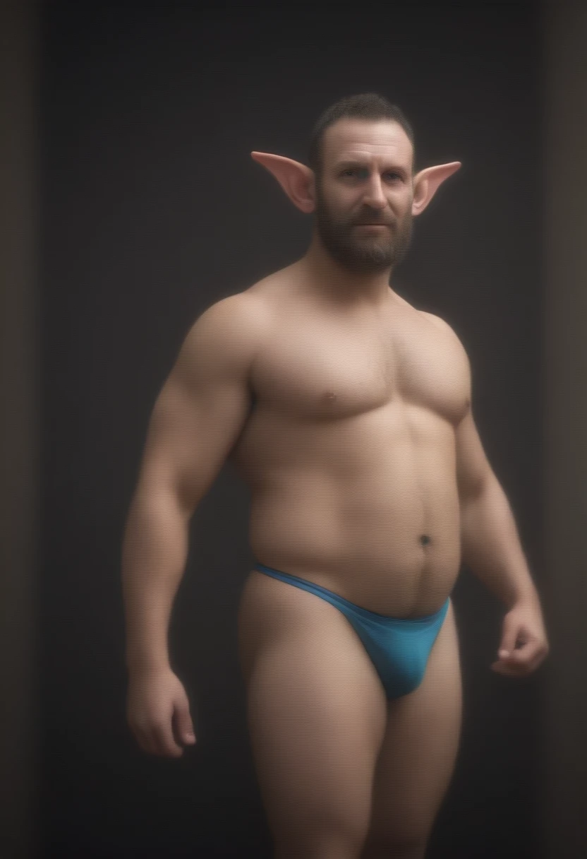 goblin,hairy, speedo, prominent belly, bulged and bloated belly, swollen belly, muscular, tall, pointed ears