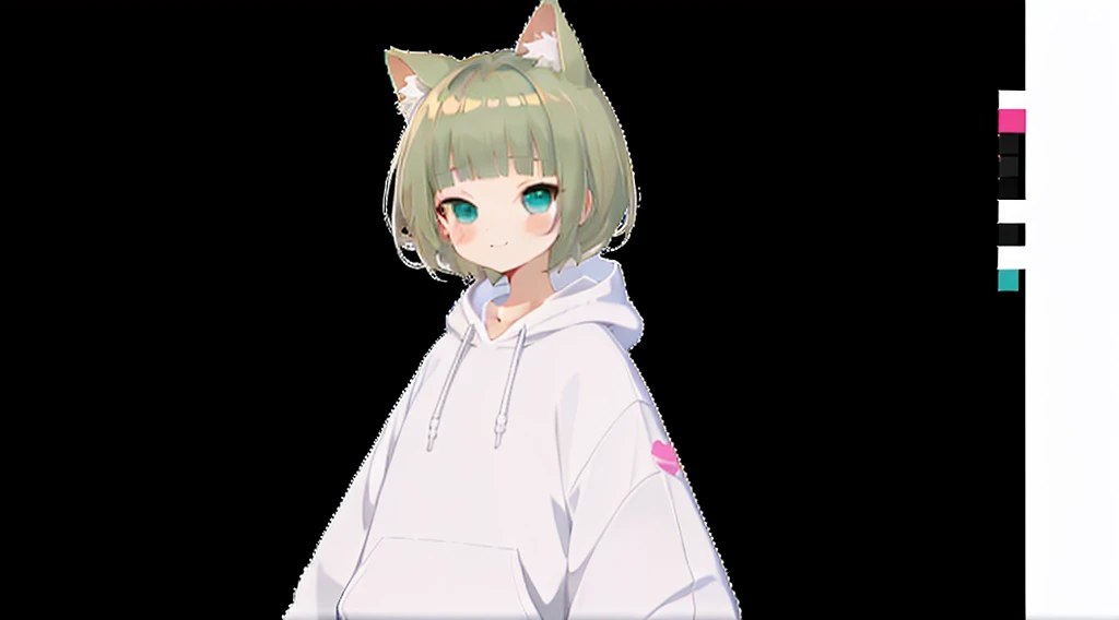 An unprecedented number of draws、Blonde、Cat ear、Pink hoodie、high quality、Colorful color palette、high resolution、pretty girl、 Pink hoodie、An unprecedented number of draws、Anime Style、Geometric background、Sticker Style、short hair、Blonde、Turquoise Eyes, Messy Hair, Pink hoodie、髪と同じ色のCat ear、front, Hands posing, Until death, Bondage, Baggy clothes