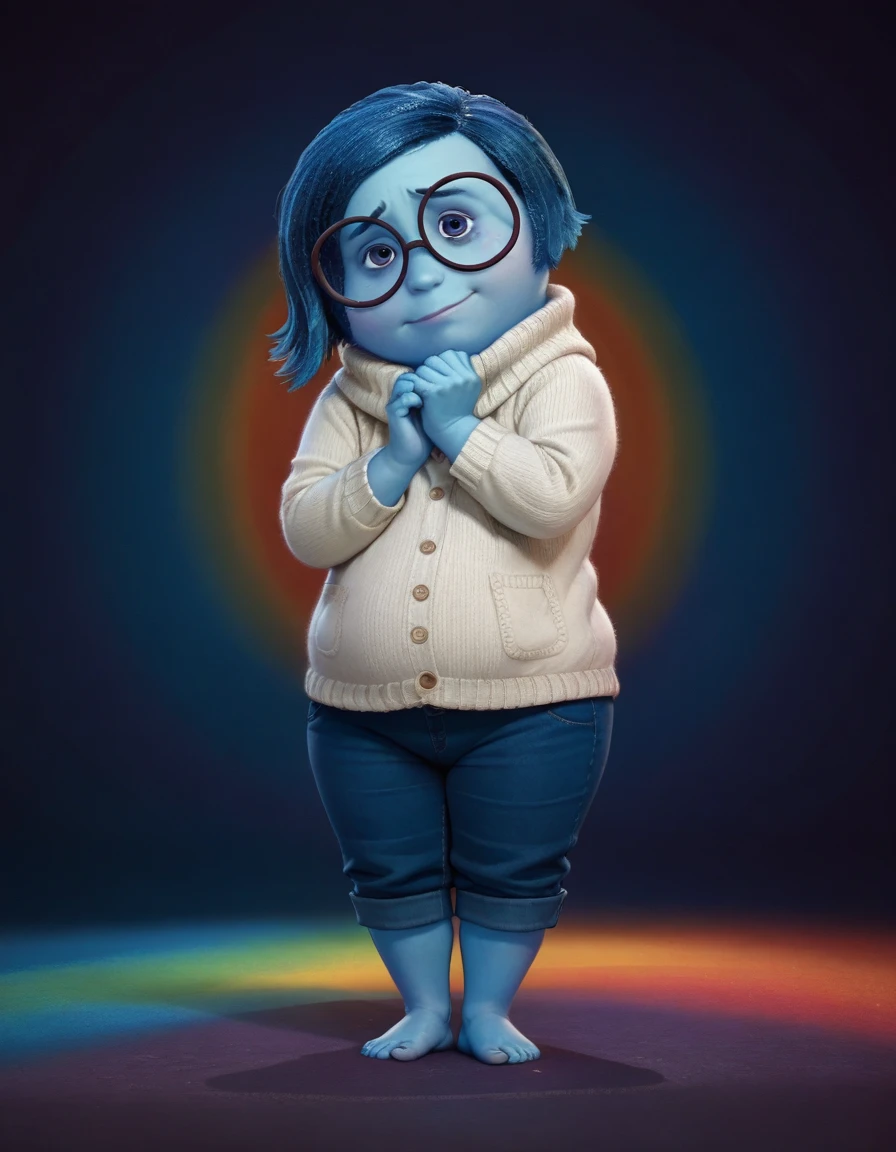 score_9, score_8, score_7, score_6, SadnessEmotion, glowing, 1girl, rating_explicit, blue skin, blue hair, smile, colorful background, full body, pose, posing, looking at viewer, pin-up pose, pin-up, sway, sad, glasses