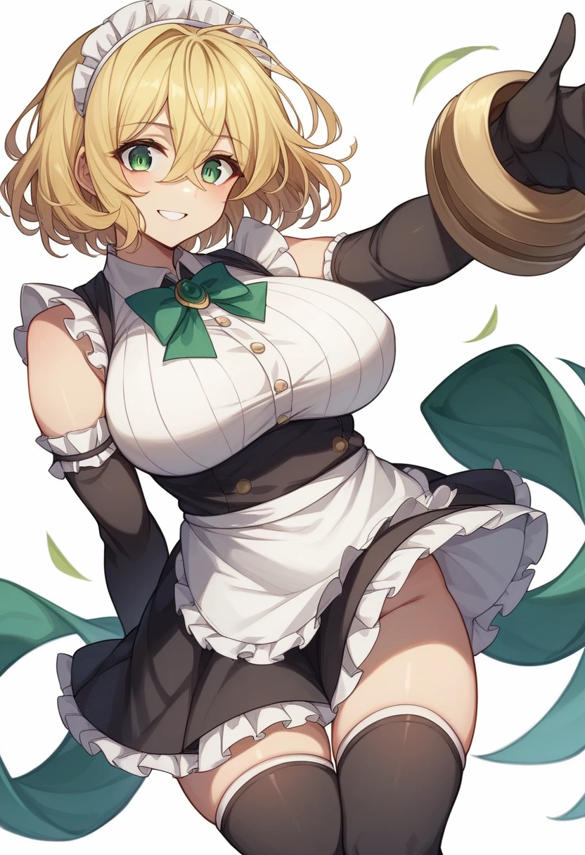 (One girl)、(bob cut)、((Blonde))、（Sato Air）、slan eyes、（boyish）、cute、(Big super breasts)、[Chubby]、Maid clothes、No sleeve、mini skirt、White sleeveless、((hairs between eyes))、thigh-high socks thighhighs、(long gloves)、(flipped hair)、green eye、smile、arm behind back、White Background、