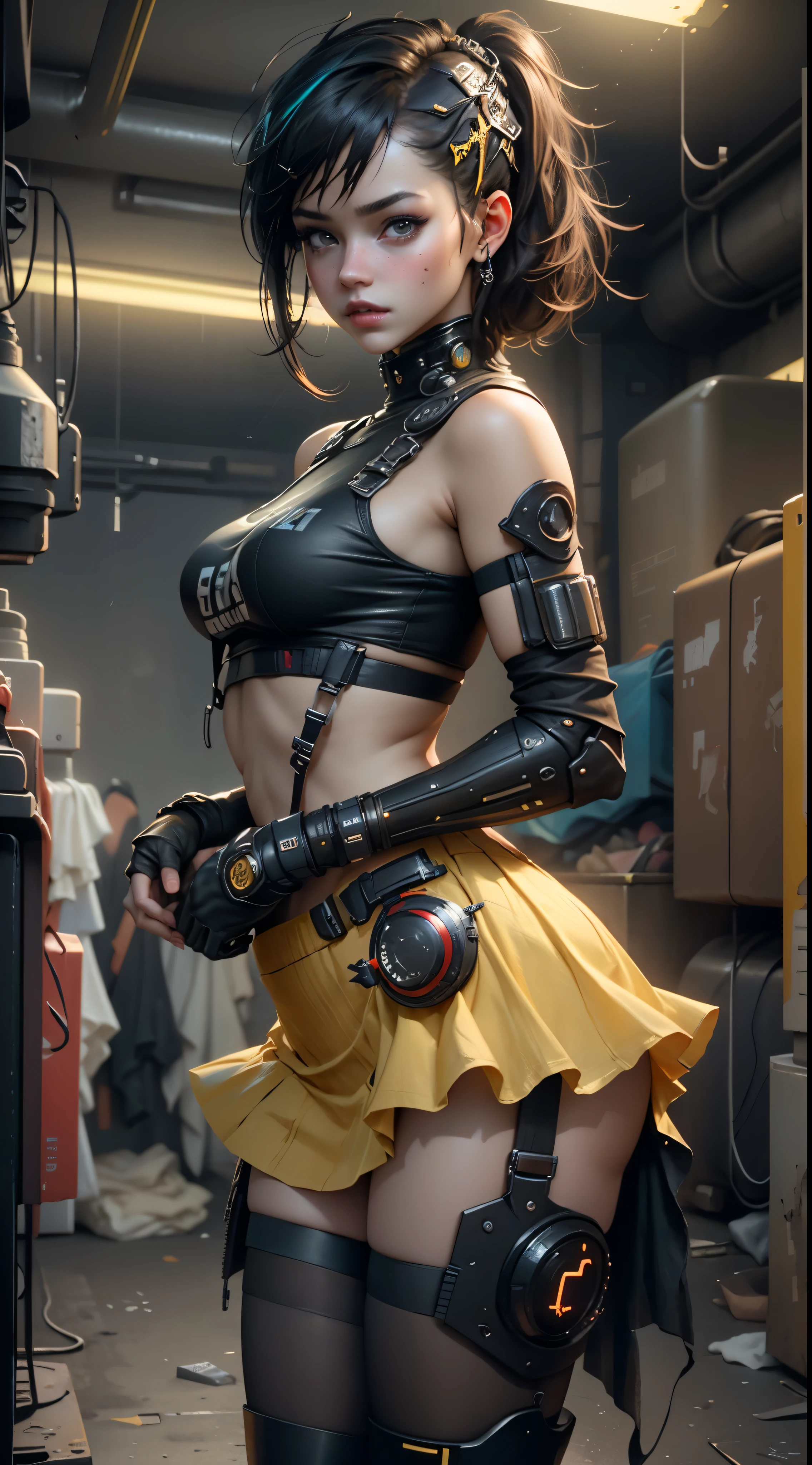 unreal engine:1.4,CG ultra realistic 64K, photorealistic:1.4, skin texture:1.4, Masterpiece:1.4,Beautiful woman with doll lingeries、Short yellow cyberpunk style clothing, pantimedias red , mini skirt blue,
