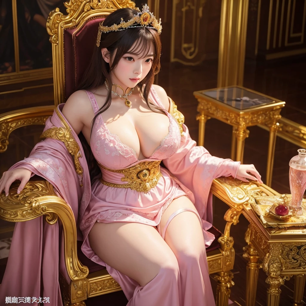 a confident japanese woman with exaggerated large breasts sitting on an ornate throne, Wearing a gorgeous shiny pink dress and a large crown, looking down at the viewer, detailed facial features,hyper-realistic,8K,ultra-detailed,photorealistic,masterpiece,dramatic lighting,cinematic,oil painting,protected by knights,holding an ornate fan in her hands,golden room、Her breasts are so big they seem to burst out of her clothes.Her breasts are exposed、She is sitting on a very large throne looking down on us.Her breasts are about to burst out of her clothes