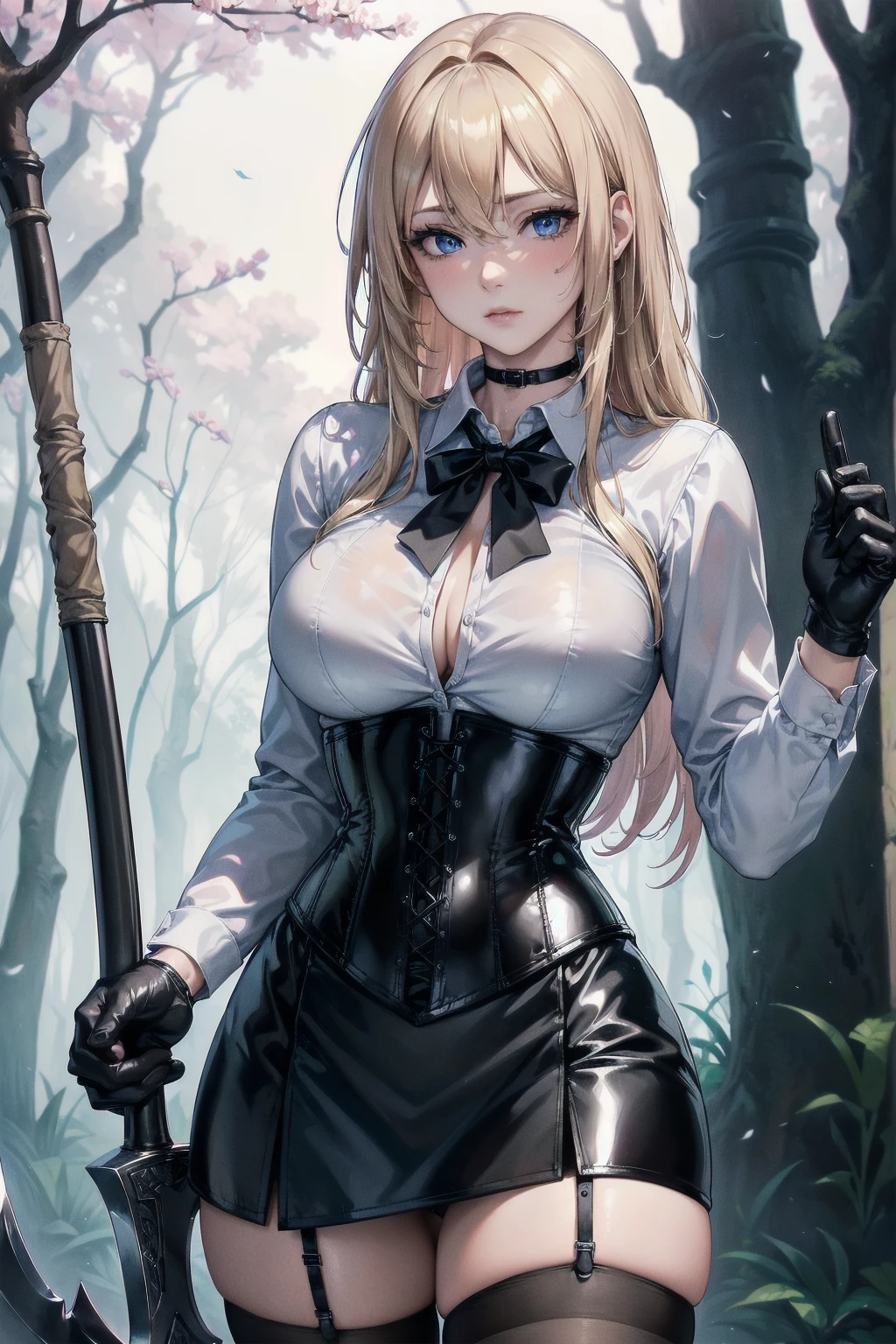 Masterpiece, Superior image quality, high resolution, 4k image,photo and gross, photorealistic, whole body, distant view, 1 young man of 15 years, {{{vagina}}}, big breasts, beautiful face, Long blonde hair, blue eyes, very detailed eyes, pink cheeks, shy expression, choker:1.6, (white collar button down long sleeve shirt), black gloves, gloves that cover hands, (holding an ax in the right hand), (black leather corset), (shiny black miniskirt), Sensual Lips, show details in the eyes, View from the front, looking at the viewer, dark forest path, evening, Atmosphere, fog