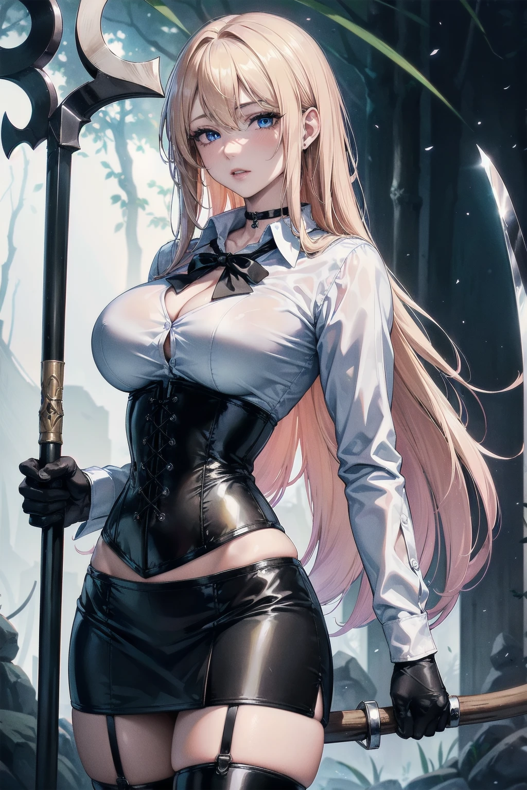 Masterpiece, Beautiful art, professional artist, 8k, art style by sciamano240, Very detailed face, Detailed clothing, detailed fabric, 1 girl, perfectly drawn body, big breasts, fighting pose, beautiful face, long hair, blue eyes, very detailed eyes, pink cheeks, shy expression, choker:1.6, (long sleeve white collar buttoned shirt), black gloves, gloves covering hands, (holding an ax in the right hand), (black leather corset), (black  miniskirt), (shiny black leggings), sensual lips ,  evening de invierno, show details in the eyes, view from front, looking at the viewer, dark path, dark forest, evening, Atmosphere, fog