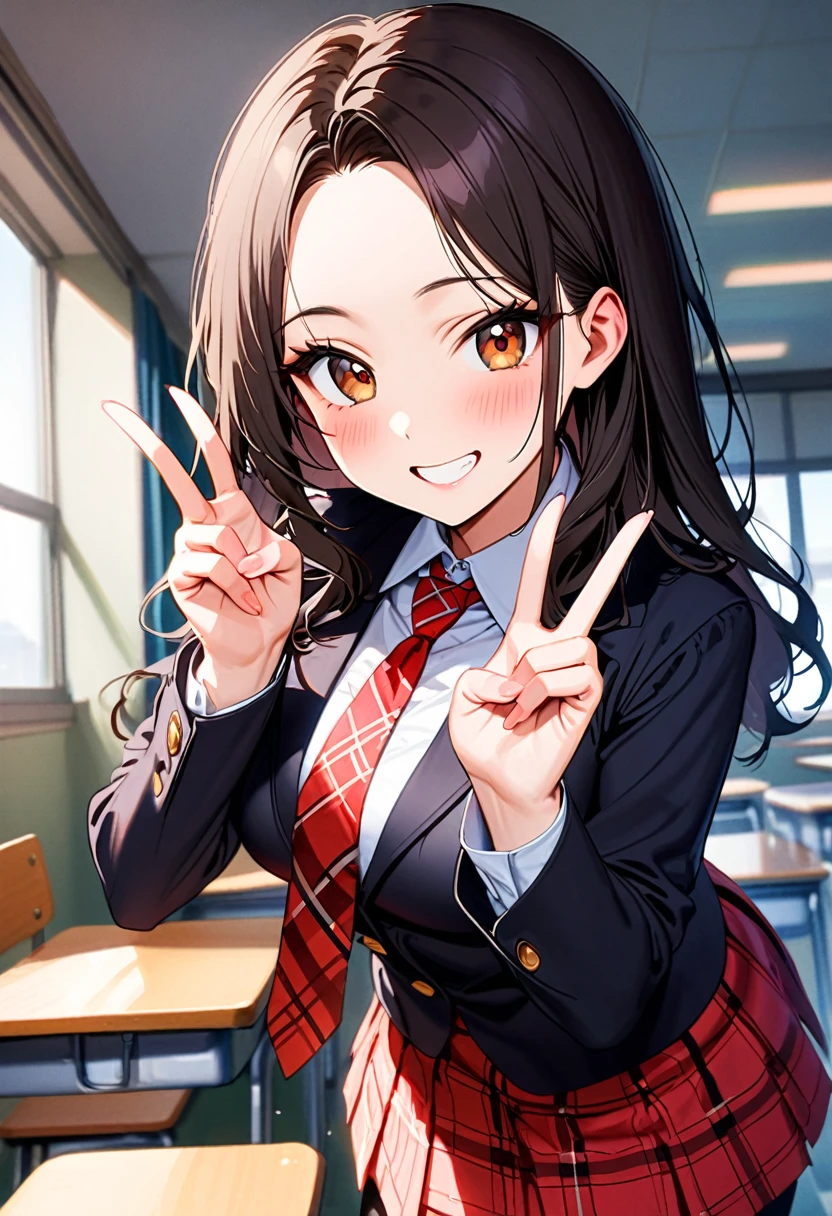 A young woman, 19-years-old, average height, solo, Korean, (loose wavy black hair, no bangs:1.1), brown eyes, black blazer, white blouse, red plaid necktie, red pleated skirt, black pantyhose, playful smile, cheerful, mature face, classroom, holding up a v-sign
