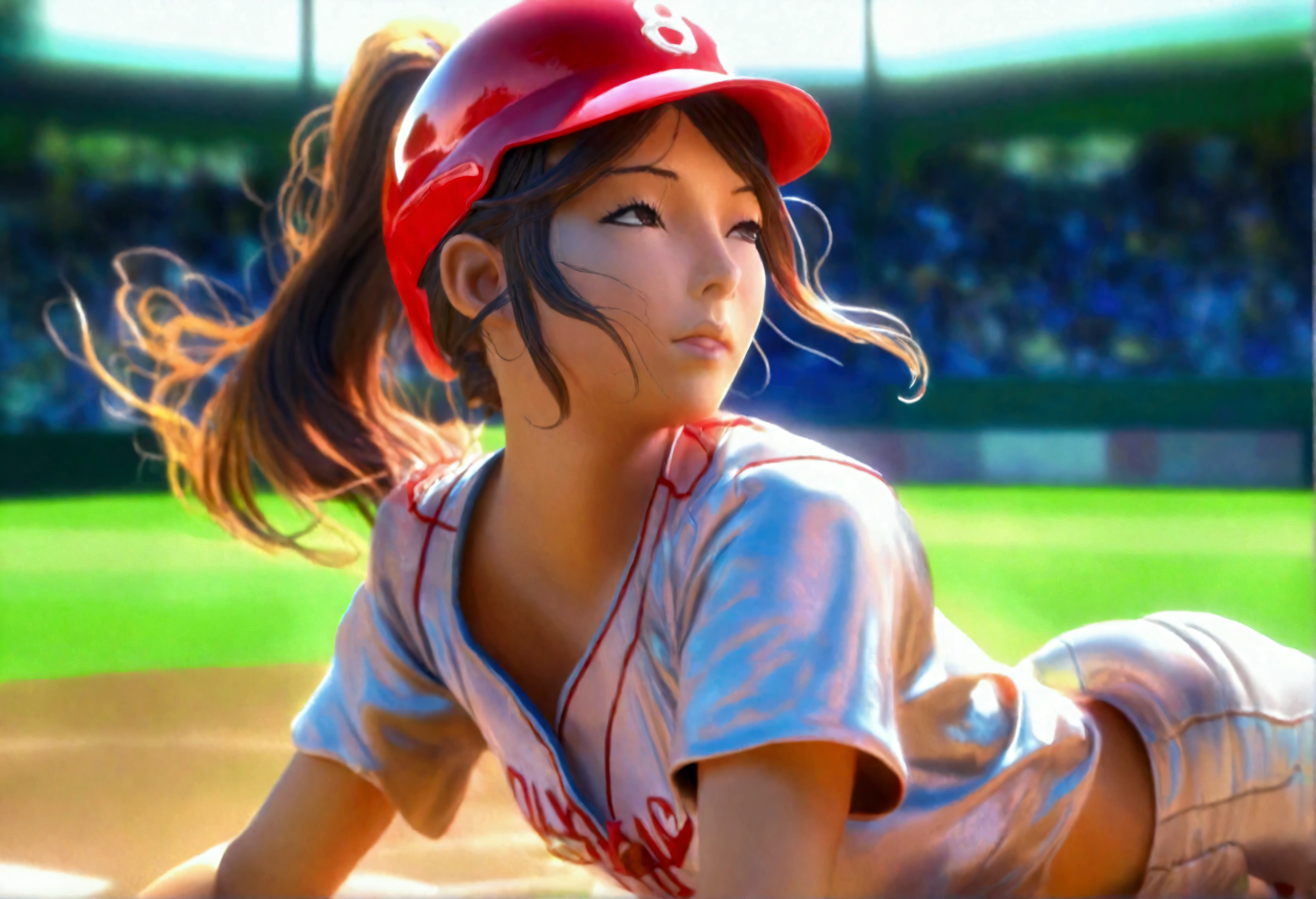 a cute woman in a sexy baseball uniform with her hair in a ponytail, sliding into 3rd base, entire body visible, camera angle low to the ground, highly detailed, photorealistic, 8k, best quality, masterpiece, ultra-detailed, sharp focus, physically-based rendering, extreme detail description, vivid colors, professional
