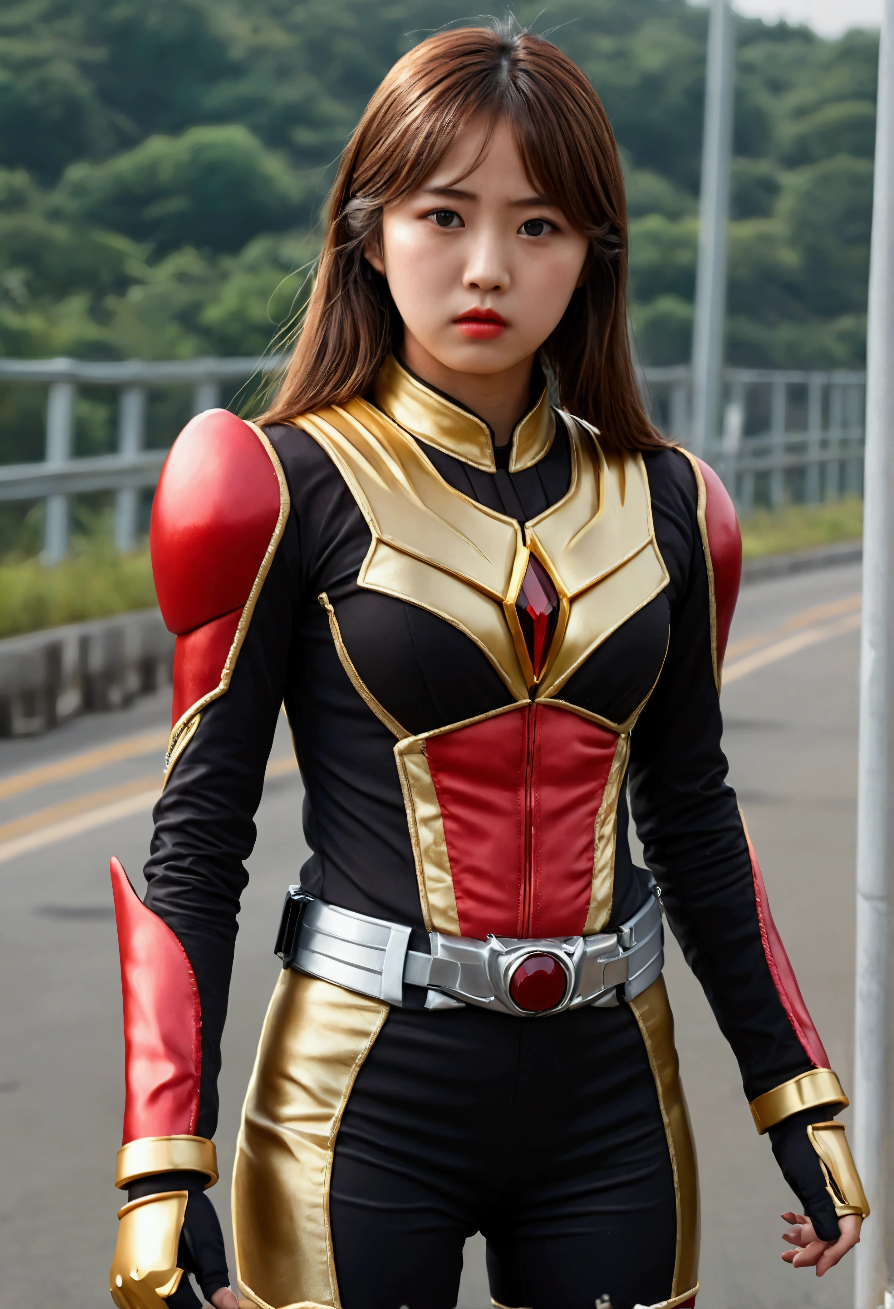 (Kamen rider Ark) Very cute and baby-like face, Power puff girl, Naked, Angry pose, Angry face, (((BROWN HAIR KOREAN GIRL))), (((LONG HAIR))), masutepiece, High quality, UHD 45K, Realistic face, Realistic skin feeling , A Japanese Lady, 8 years old, , Very cute and baby-like face, (((FLAT CHEST))), (MATRIX WORLD), ((look In front at the camera and SADNESS)), (((SMALL BREAST))), (((CUTE GIRL))), ((RED LIPS)), ((RED, BLACK, GOLD, KAMEN RIDER SUIT)), ((CHUBBY)), ((VISIBLE CLEAVAGE)), ((RED NAIL)). Standing at the toll road